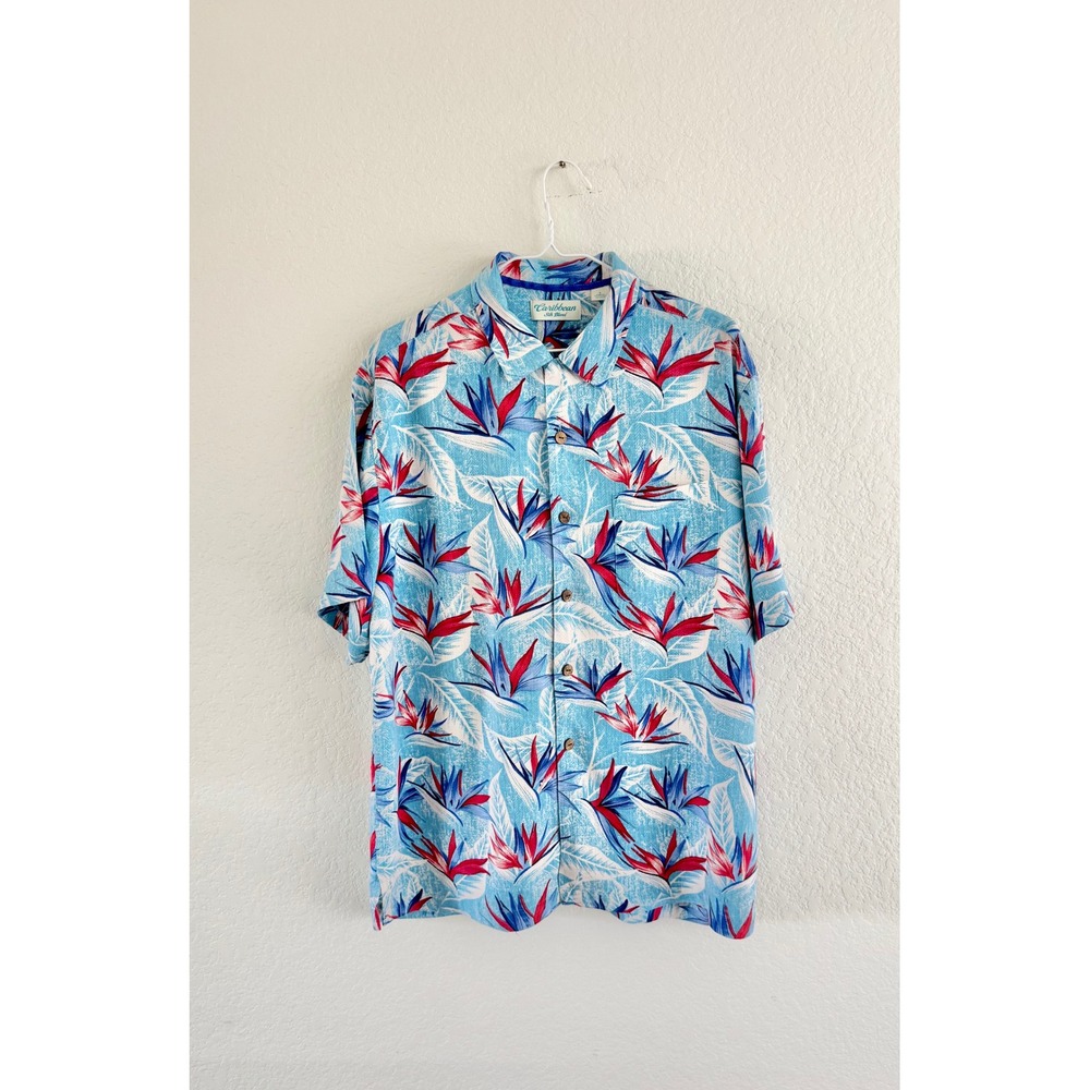 Vintage Caribbean Hawaiian Shirt Mens L Blue Bird Tropical Wood Buttons